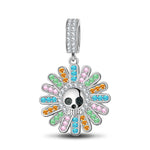 Sterling Silver Colorful Flowers And Skulls Dangle Charms With Enamel In White Gold Plated