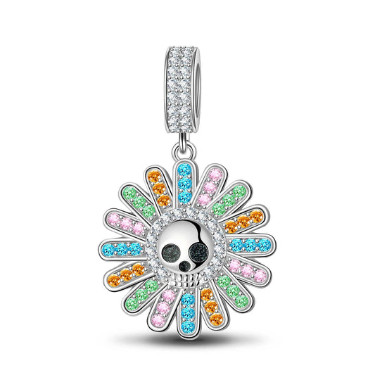 gona- Sterling Silver Colorful Flowers And Skulls Dangle Charms With Enamel In White Gold Plated