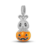 Sterling Silver Cute Pumpkin Bunny Dangle Charms With Enamel In White Gold Plated