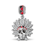 Sterling Silver Tribal Chief Skull Head Dangle Charms With Enamel In Blackened 925 Sterling Silver