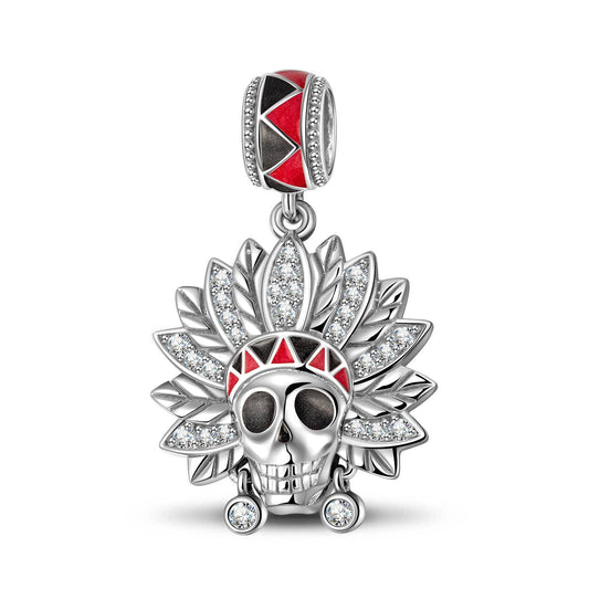 gona- Sterling Silver Tribal Chief Skull Head Dangle Charms With Enamel In Blackened 925 Sterling Silver