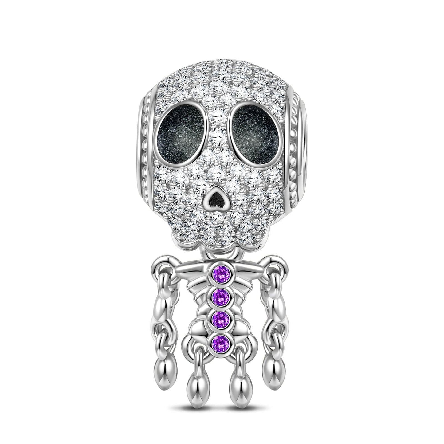 Sterling Silver Lady Skeleton Dangle Charms With Enamel In White Gold Plated