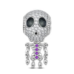 Sterling Silver Lady Skeleton Dangle Charms With Enamel In White Gold Plated