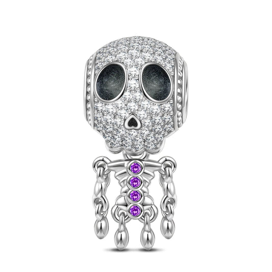 gona- Sterling Silver Lady Skeleton Dangle Charms With Enamel In White Gold Plated