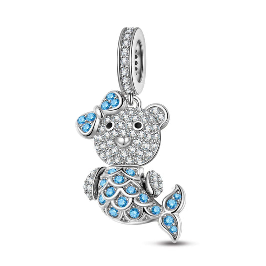 gona- Sterling Silver Blue Mermaid Bear Dangle Charms With Enamel In White Gold Plated