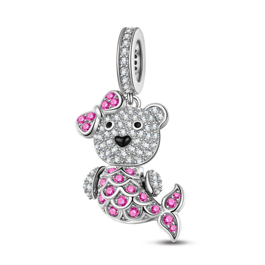 gona- Sterling Silver Pink Mermaid Bear Dangle Charms With Enamel In White Gold Plated