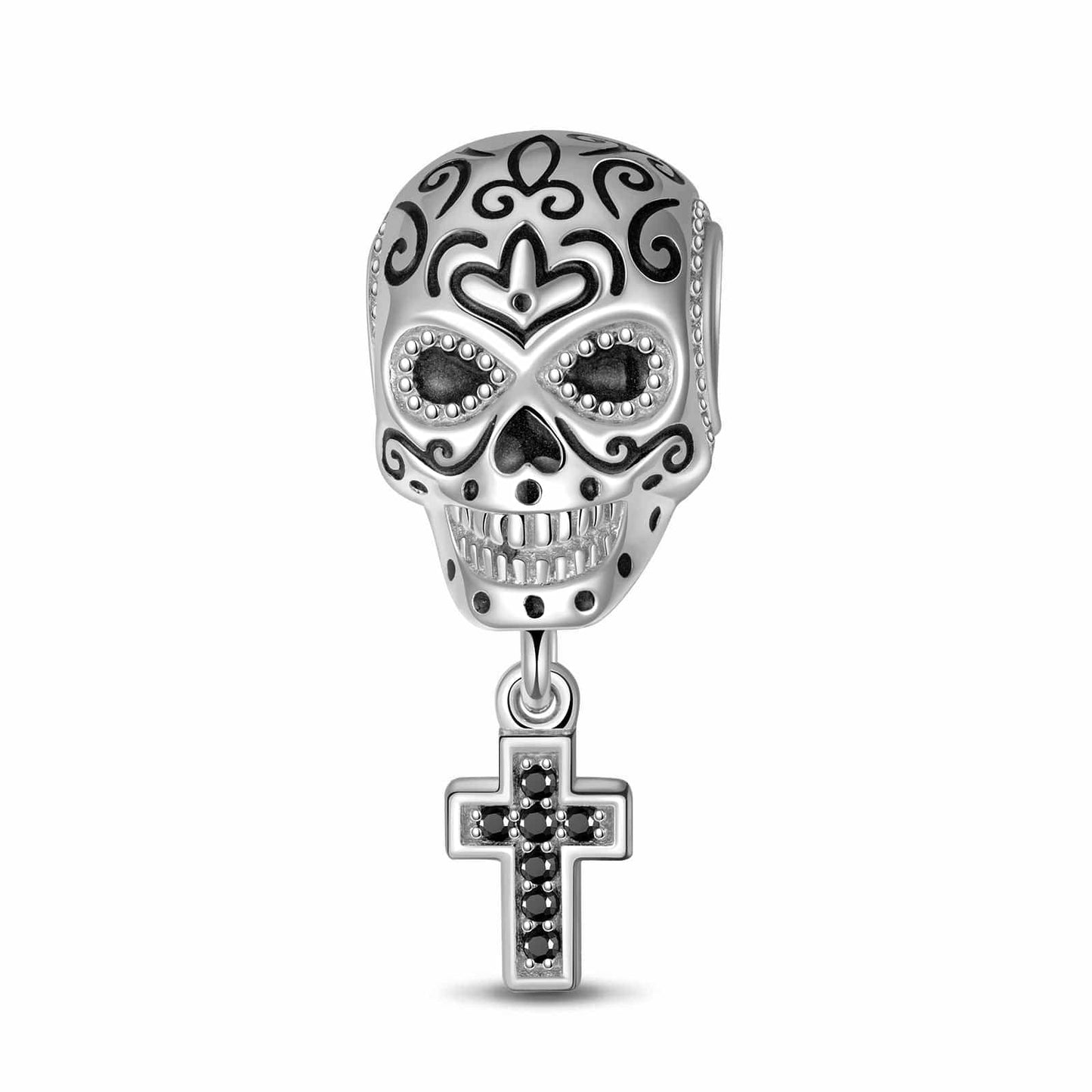 Sterling Silver Skull And Crossbones Dangle Charms With Enamel In White Gold Plated