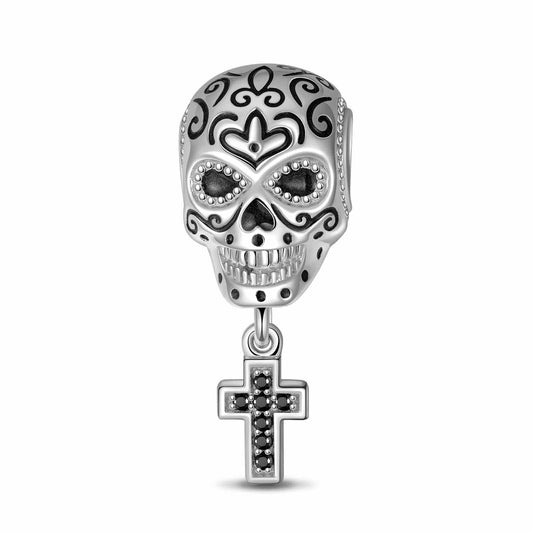 gona- Sterling Silver Skull And Crossbones Dangle Charms With Enamel In White Gold Plated