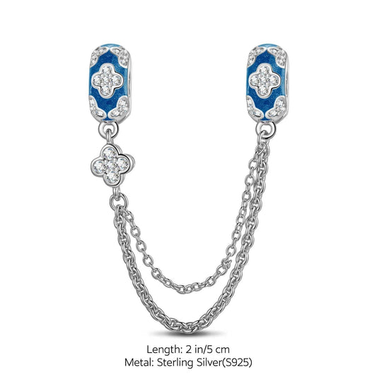 gona- Sterling Silver Four Leaf Clover Safety Chain With Enamel In White Gold Plated