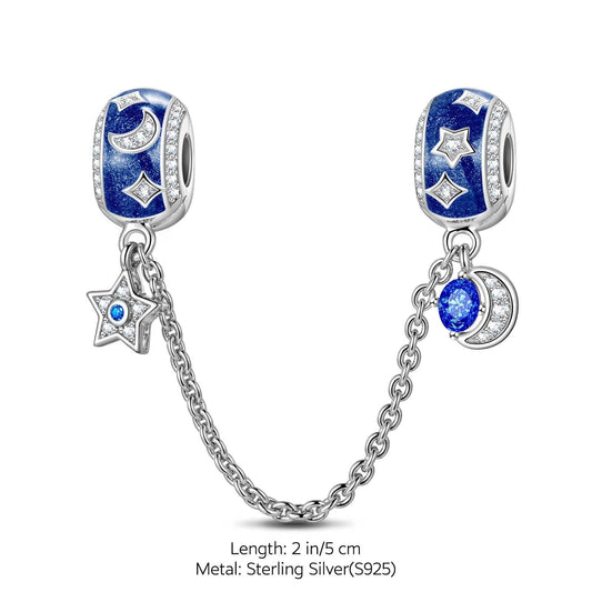 gona- Sterling Silver Moon and Star Safety Chain Charms With Enamel In White Gold Plated