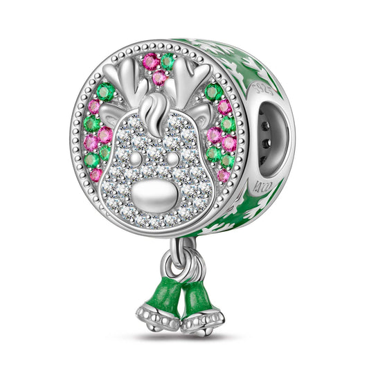 gona- Sterling Silver Lucky Reindeer Dangle Charms With Enamel In White Gold Plated