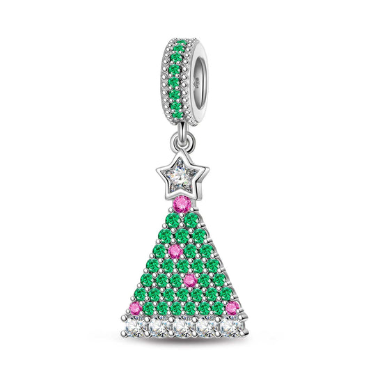 gona- Sterling Silver Green Magical Christmas Tree Dangle Charms In White Gold Plated