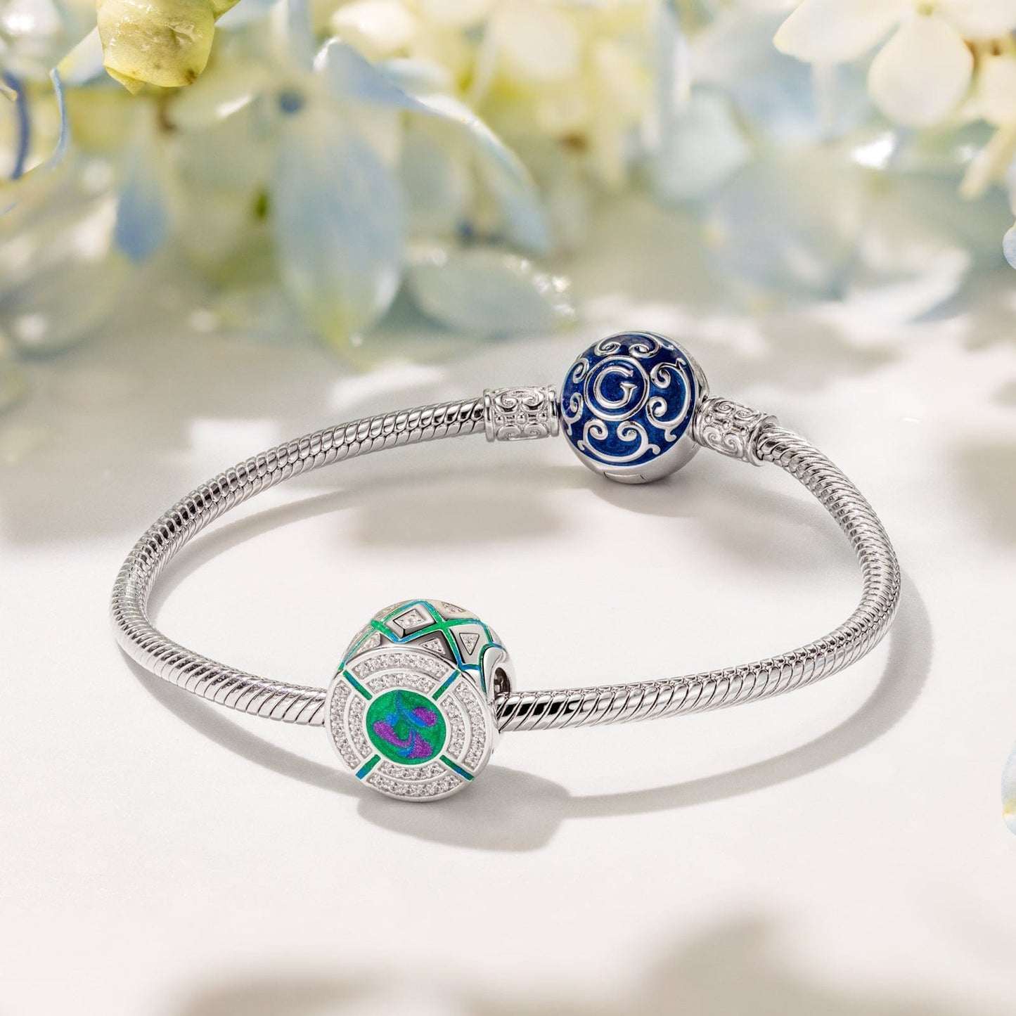 Sterling Silver Blues Time Charms With Enamel In White Gold Plated