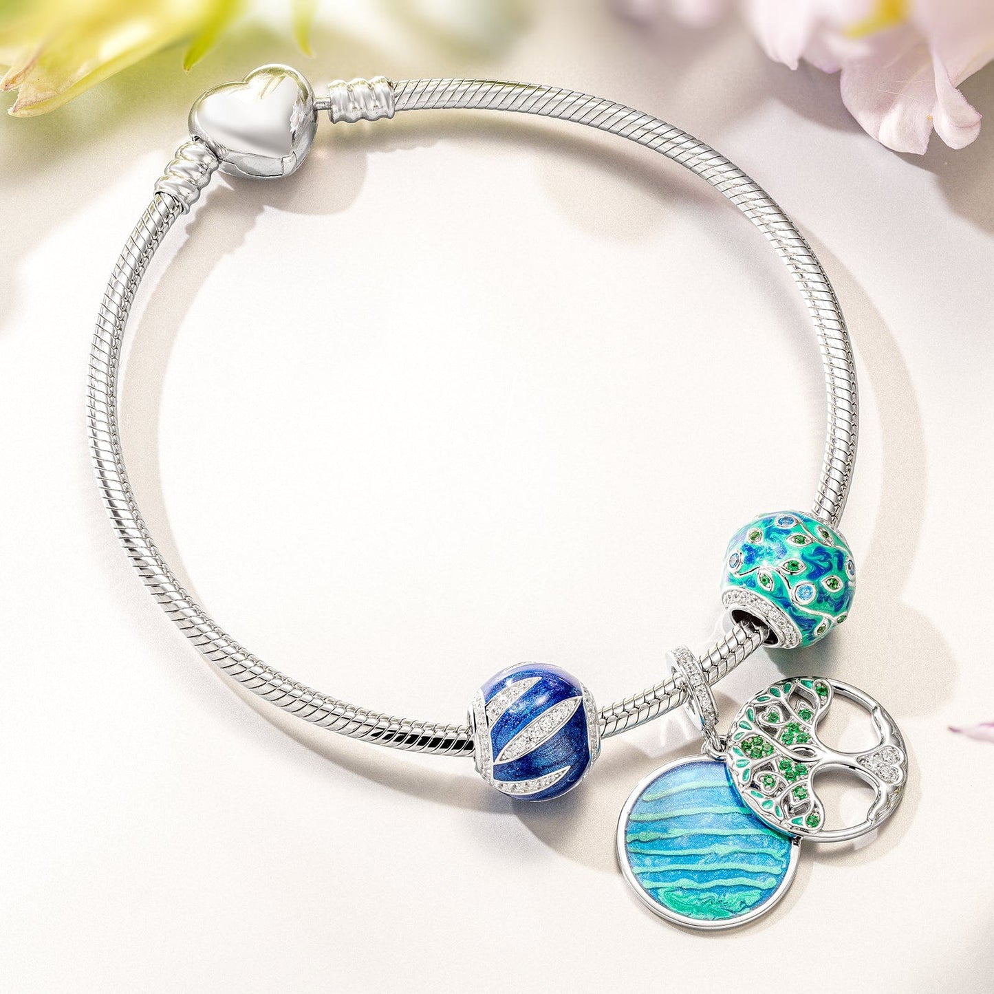 Sterling Silver Island Forest Charms With Enamel In White Gold Plated