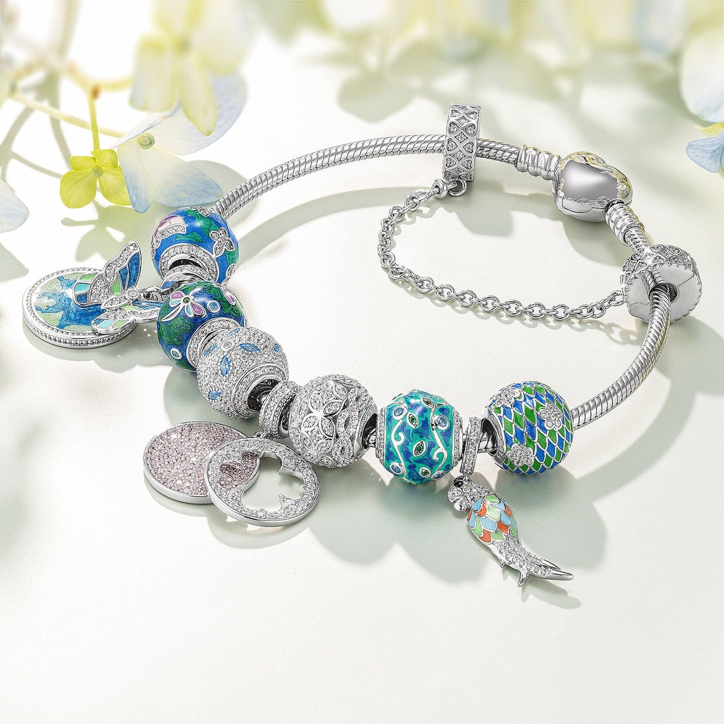 Sterling Silver Island Forest Charms With Enamel In White Gold Plated