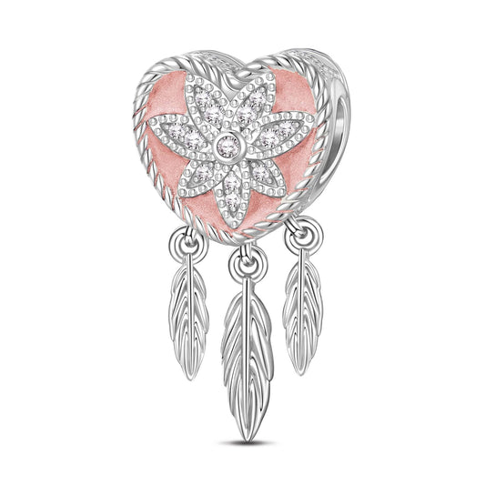 gona- Sterling Silver Pink Water Lily Dreamcatcher Dangle Charms With Enamel In White Gold Plated
