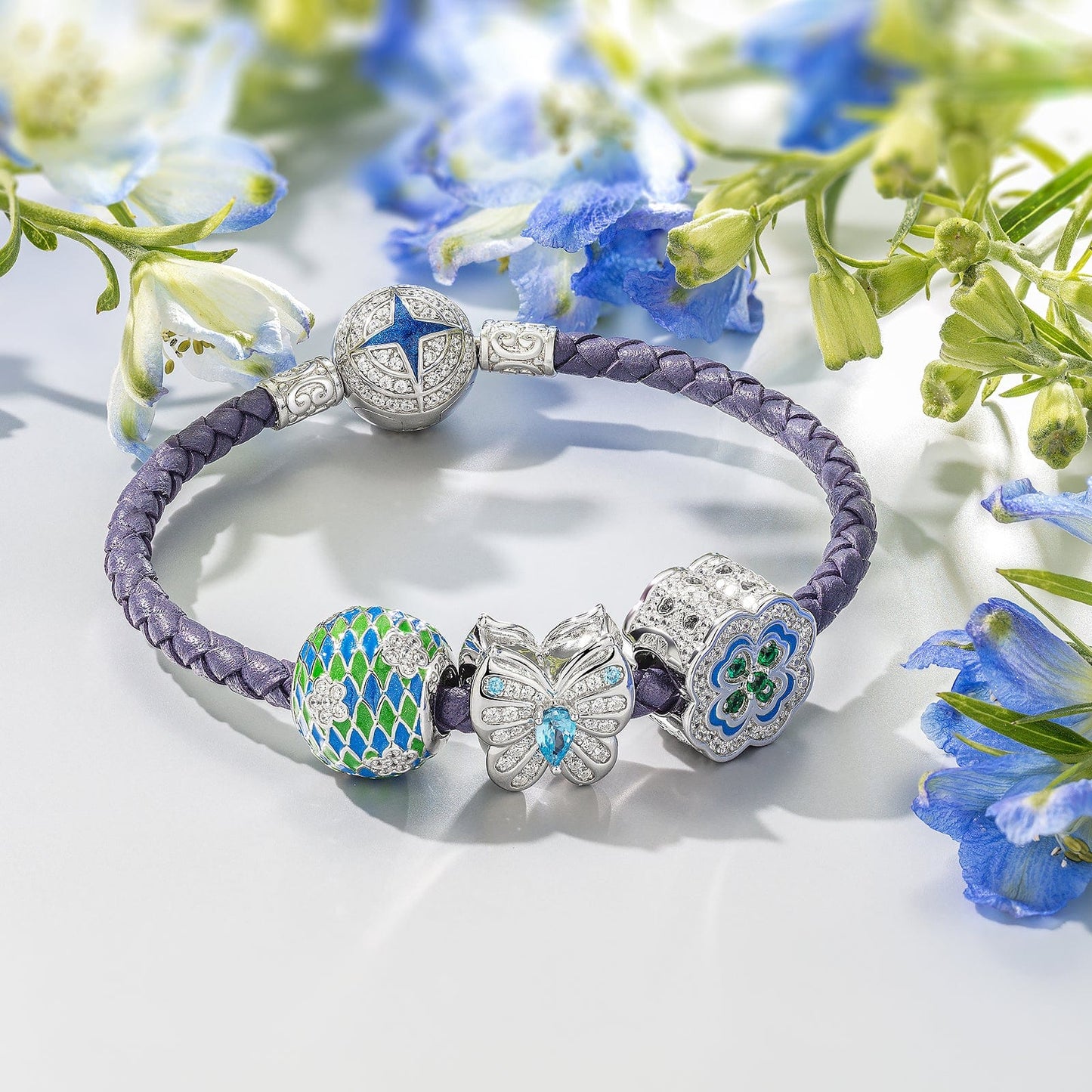 Sterling Silver Summer Night Breeze Charms With Enamel In White Gold Plated