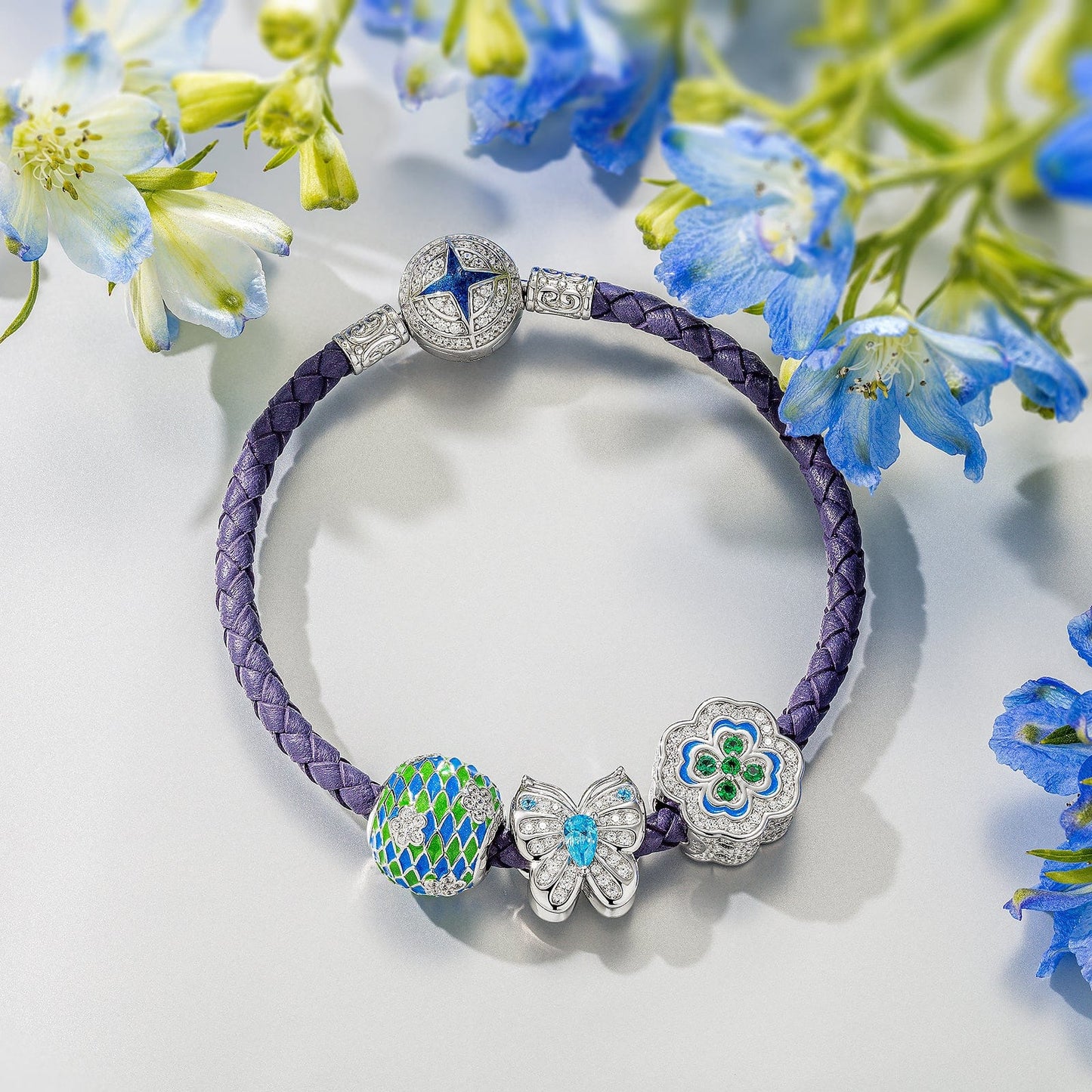 Sterling Silver Summer Night Breeze Charms With Enamel In White Gold Plated