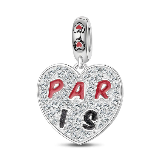 gona- Sterling Silver I Love Paris Dangle Charms With Enamel In White Gold Plated