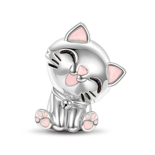 gona- Sterling Silver Cute Kitty Animal Charms With Enamel In White Gold Plated