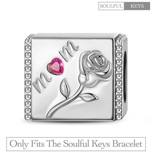 gona- Sterling Silver Rose to Mom Rectangular Charms In White Gold Plated