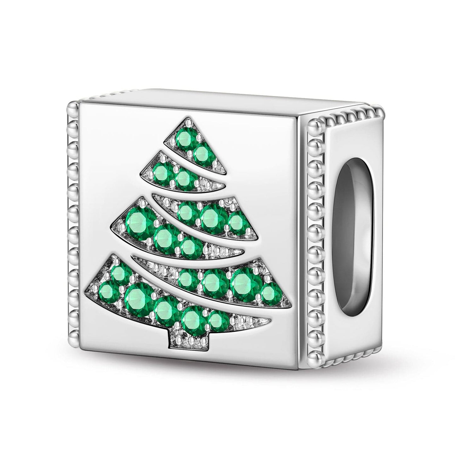 Sterling Silver Christmas Tree Rectangular Charms In White Gold Plated