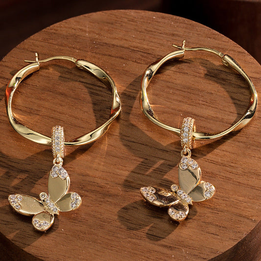 gona- Shining Butterfly Tarnish-resistant Silver Charms Earrings Set M size Classic Hoop Earrings with Sterling Silver Ear Post In 14K Gold Plated