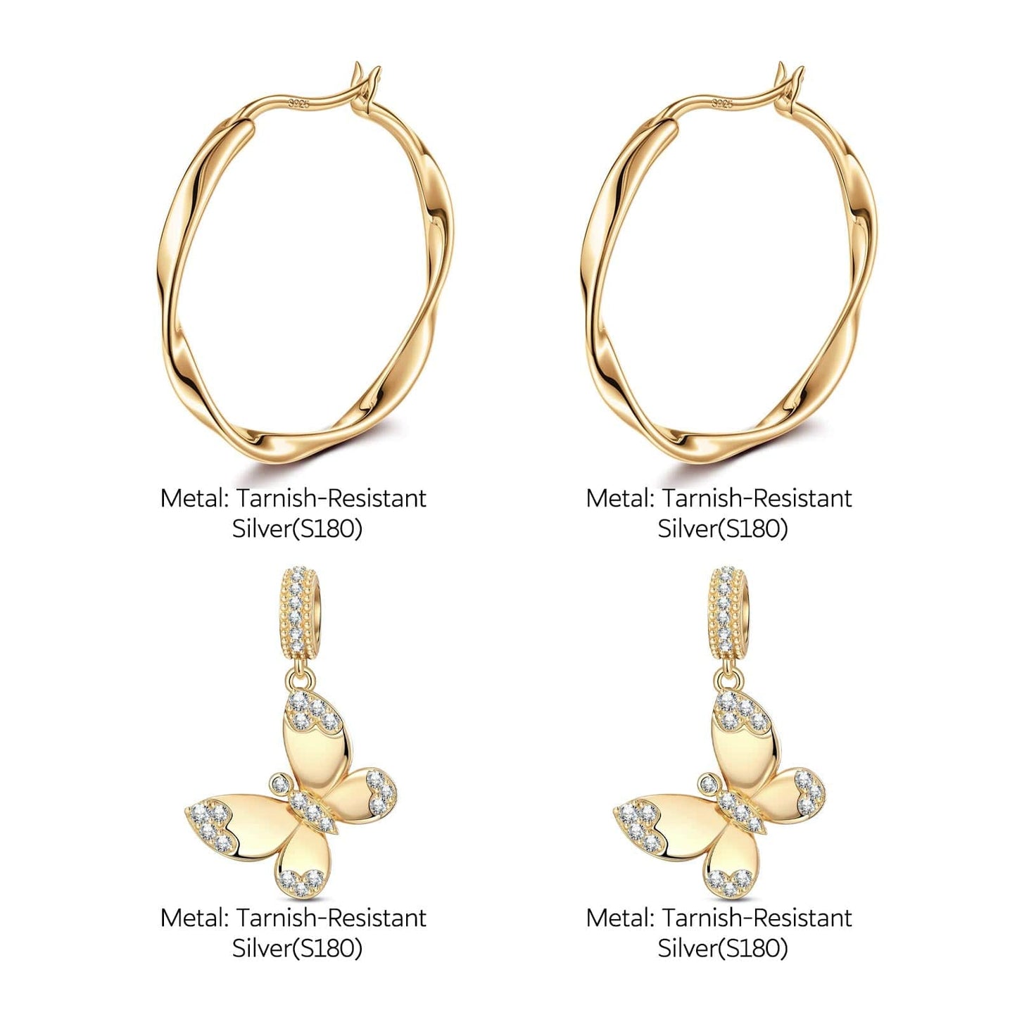 Shining Butterfly Tarnish-resistant Silver Charms Earrings Set M size Classic Hoop Earrings with Sterling Silver Ear Post In 14K Gold Plated