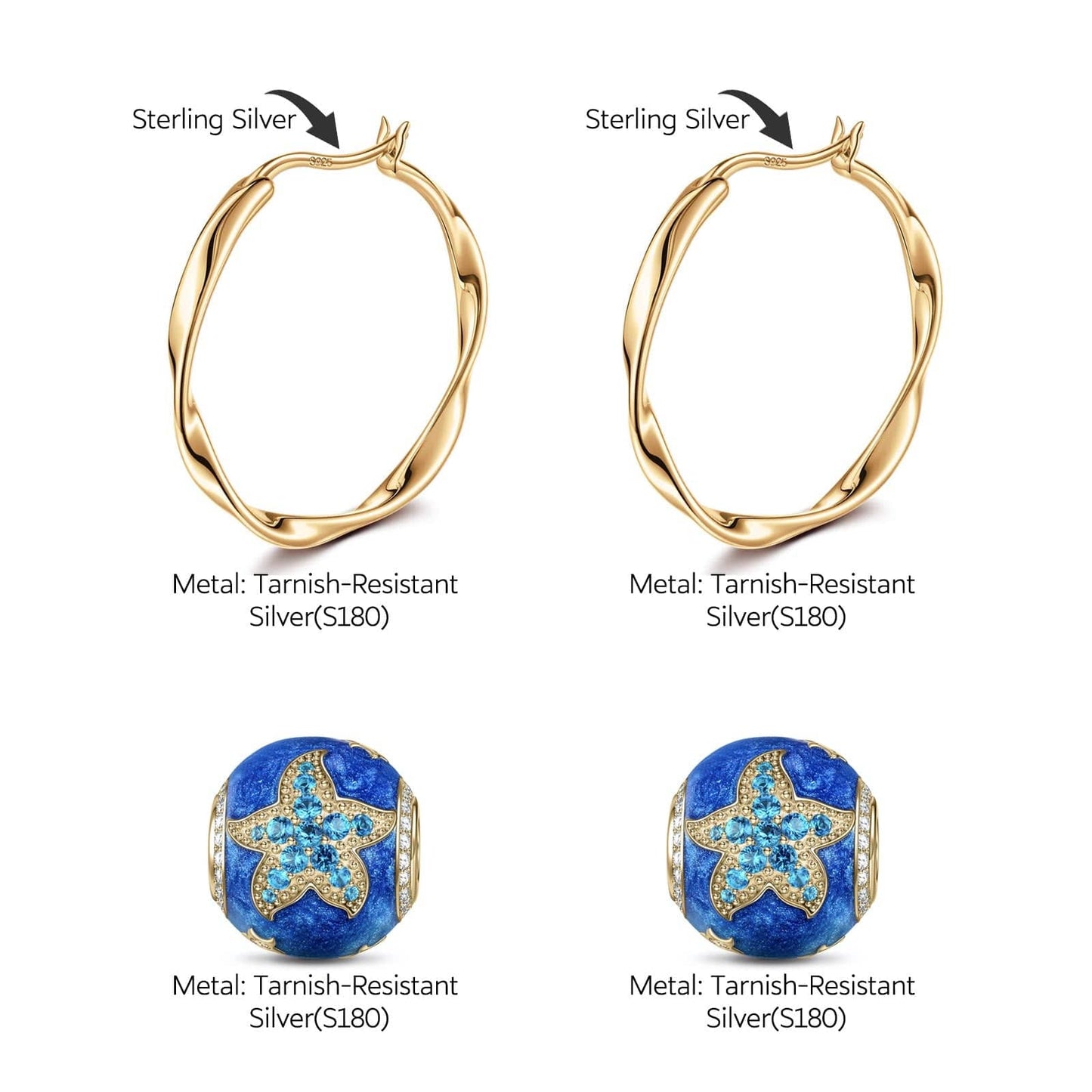 [💥As @ginagoingsilver's Pick] Cute Blue Starfish Tarnish-resistant Silver Charms Earrings Set with Enamle M size Classic Hoop Earrings with Sterling Silver Ear Post In 14K Gold Plated