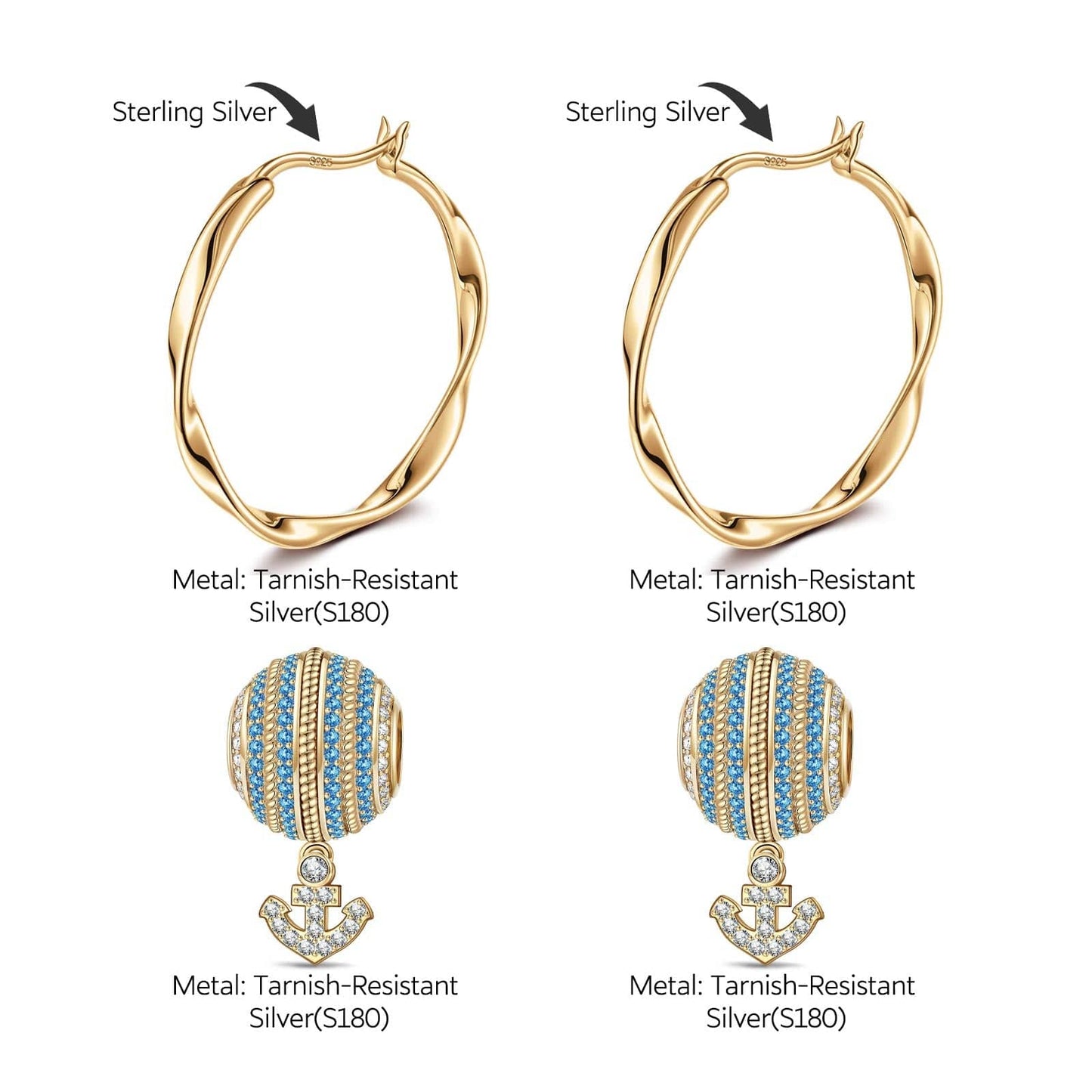 Dancing Anchor Tarnish-resistant Silver Charms Earrings Set With Enamel M Size Classic Hoop Earrings with Sterling Silver Ear Post In 14K Gold Plated