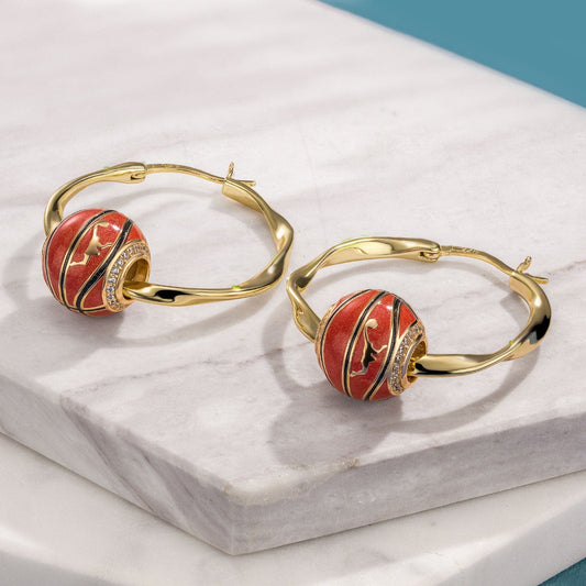 gona- Bouncing Basketball Tarnish-resistant Silver Charms Earrings Set With Enamel L Size Classic Hoop Earrings with Sterling Silver Ear Post In 14K Gold Plated