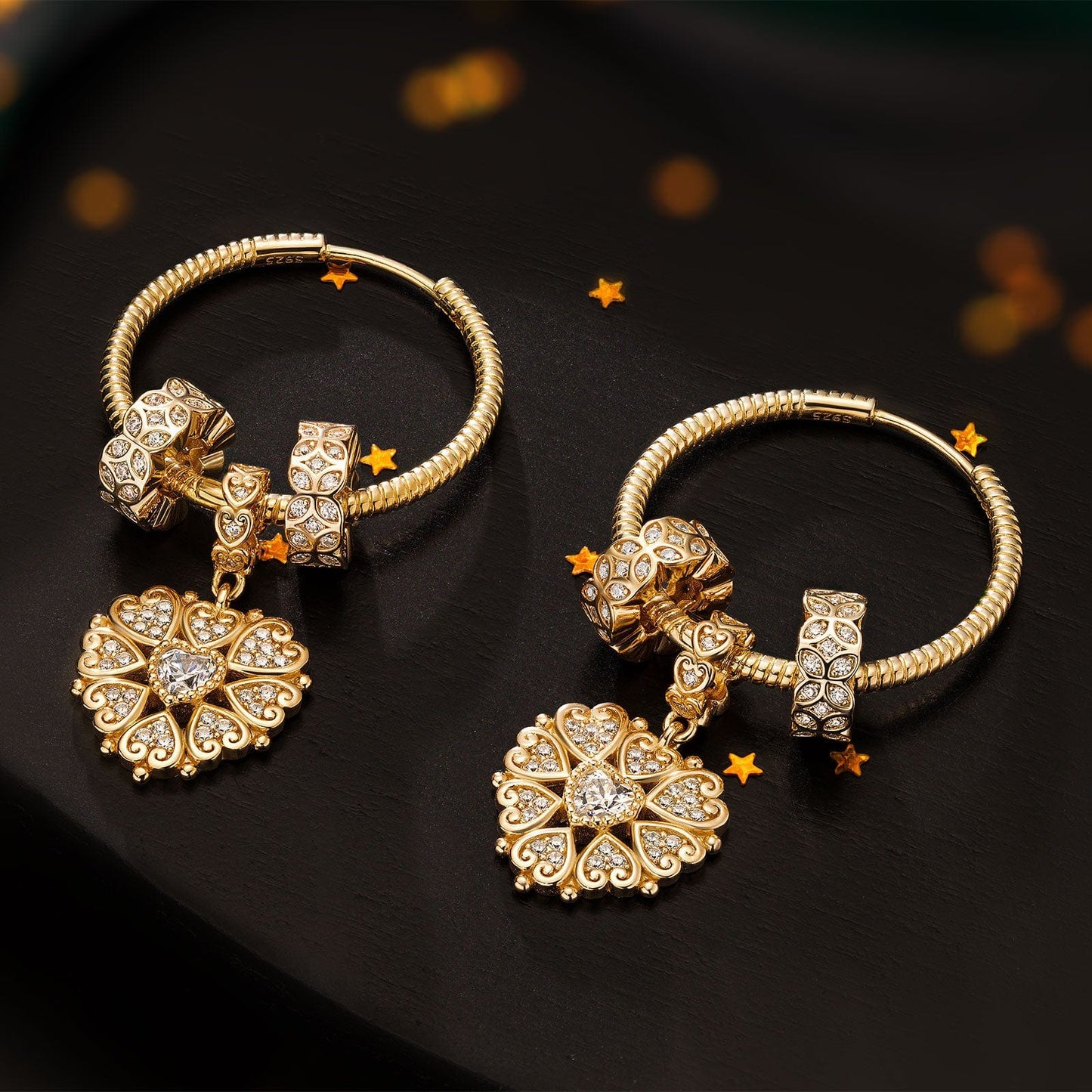Clover's Gentle Glow Tarnish-resistant Silver Charms Earrings Set With Classic Hoop Earrings with Sterling Silver Ear Post In 14K Gold Plated