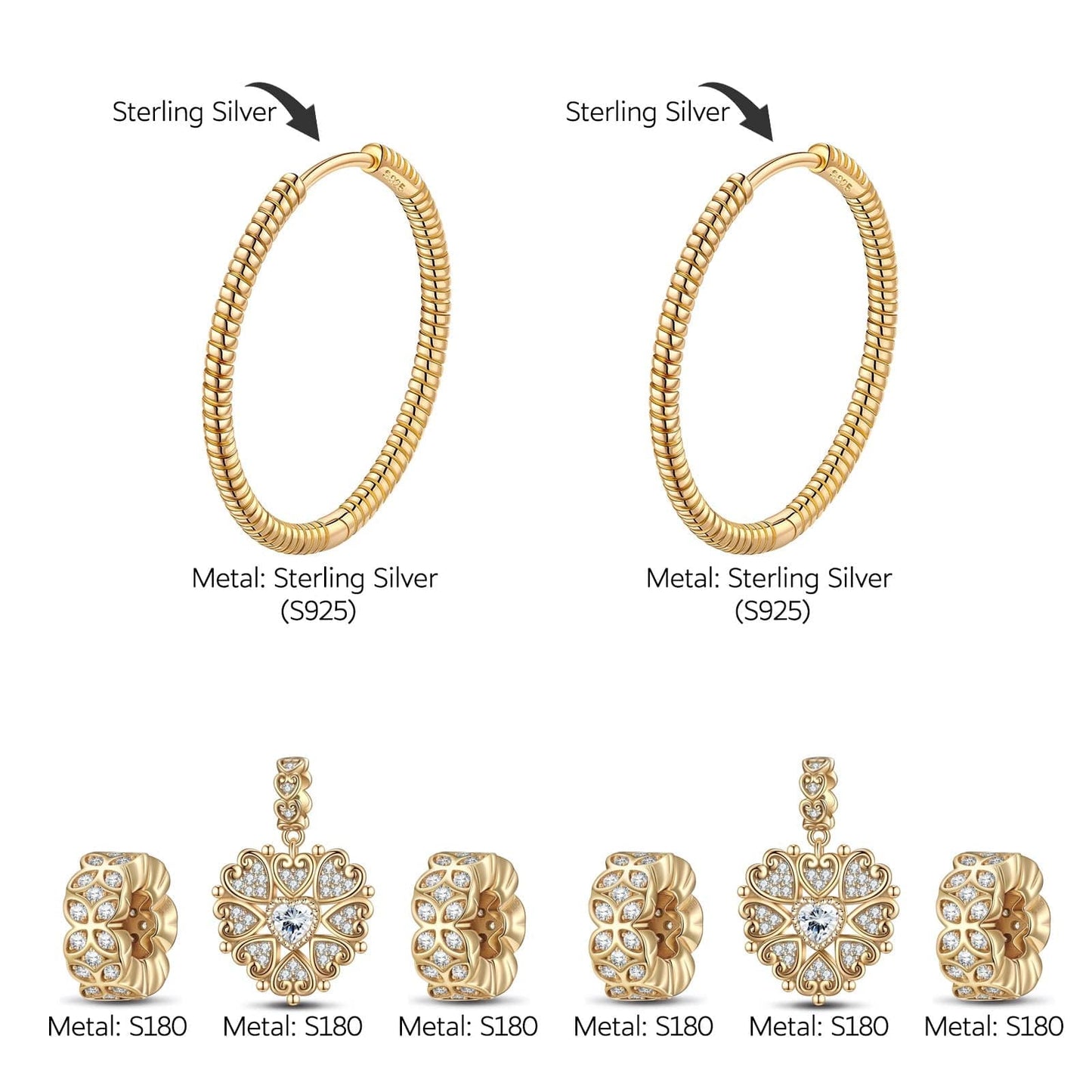 Clover's Gentle Glow Tarnish-resistant Silver Charms Earrings Set With Classic Hoop Earrings with Sterling Silver Ear Post In 14K Gold Plated