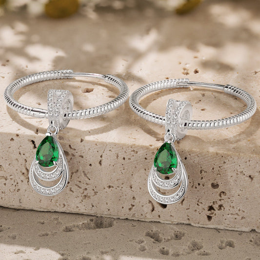 gona- Emerald Gracefulness Tarnish-resistant Silver Charms Earrings Set With Classic Hoop Earrings with Sterling Silver Ear Post In White Gold Plated