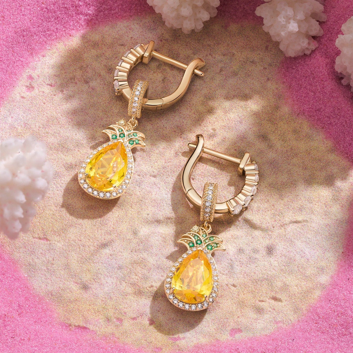 Sunlit Pineapple Tarnish-resistant Silver Charms Earrings Set With 5A Cubic Zirconia Classic Hoop Earrings with Sterling Silver Ear Post In 14K Gold Plated