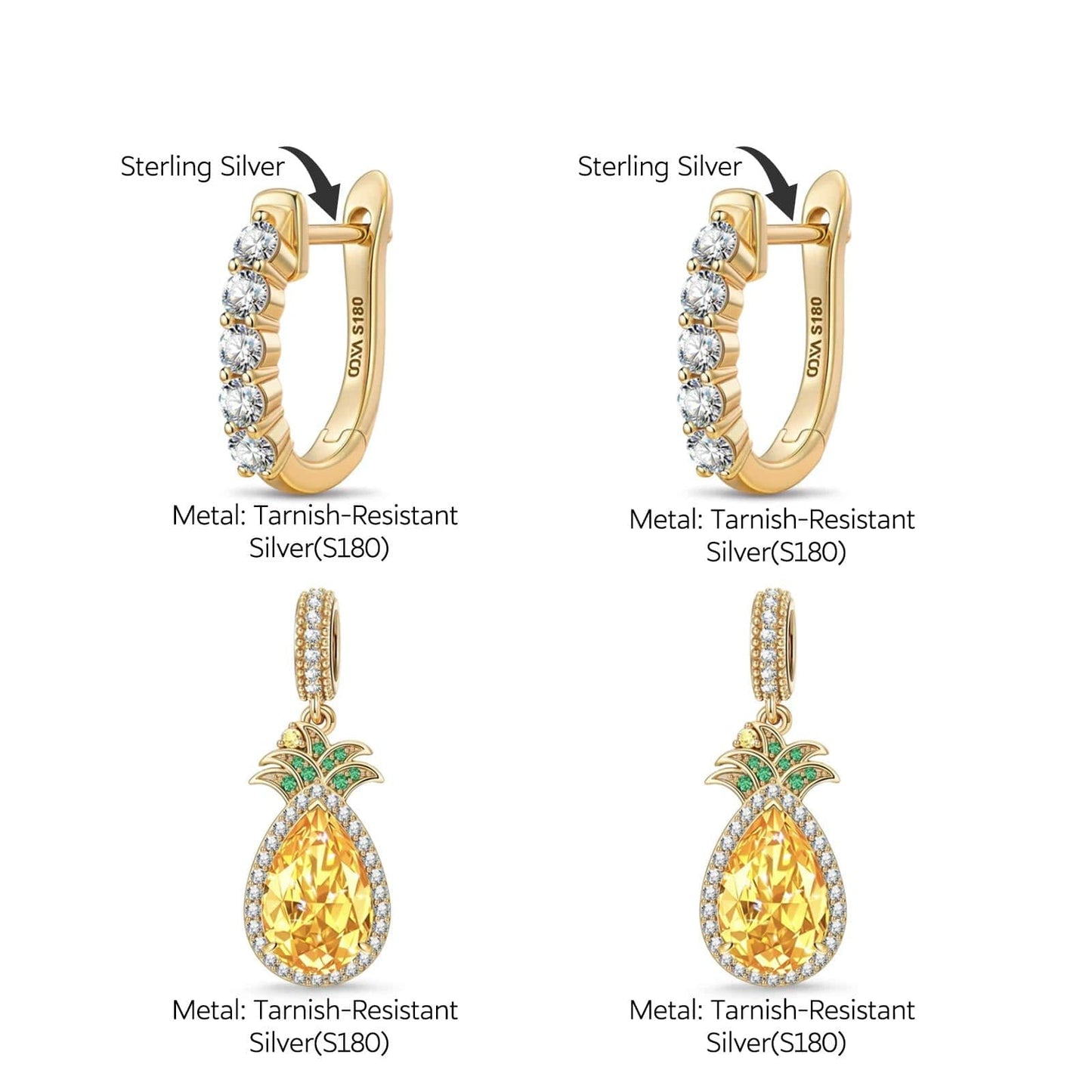 Sunlit Pineapple Tarnish-resistant Silver Charms Earrings Set With 5A Cubic Zirconia Classic Hoop Earrings with Sterling Silver Ear Post In 14K Gold Plated