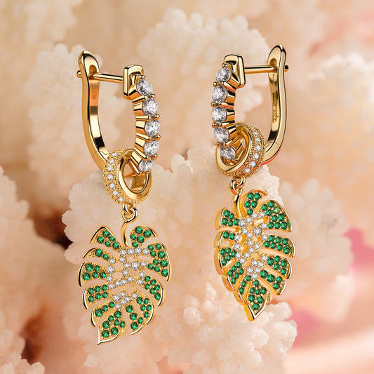 gona- Monstera Breeze Tarnish-resistant Silver Charms Earrings Set With 5A Cubic Zirconia Classic Hoop Earrings with Sterling Silver Ear Post In 14K Gold Plated