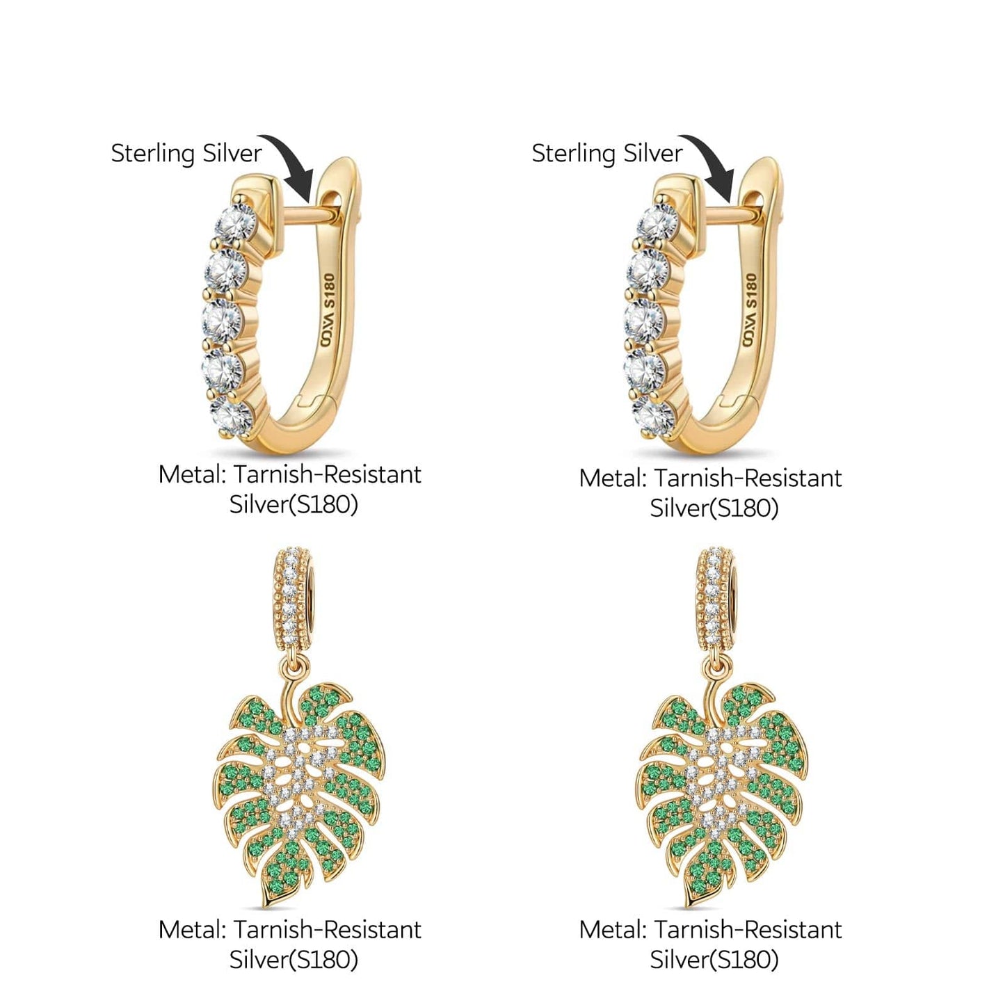 Monstera Breeze Tarnish-resistant Silver Charms Earrings Set With 5A Cubic Zirconia Classic Hoop Earrings with Sterling Silver Ear Post In 14K Gold Plated