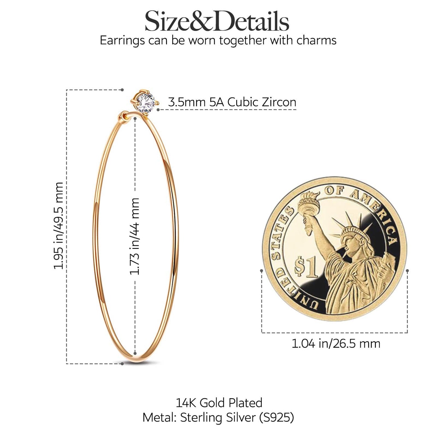 Tarnish-resistant Silver L Size Classic Hoop Earrings with Sterling Silver Ear Post In 14K Gold Plated