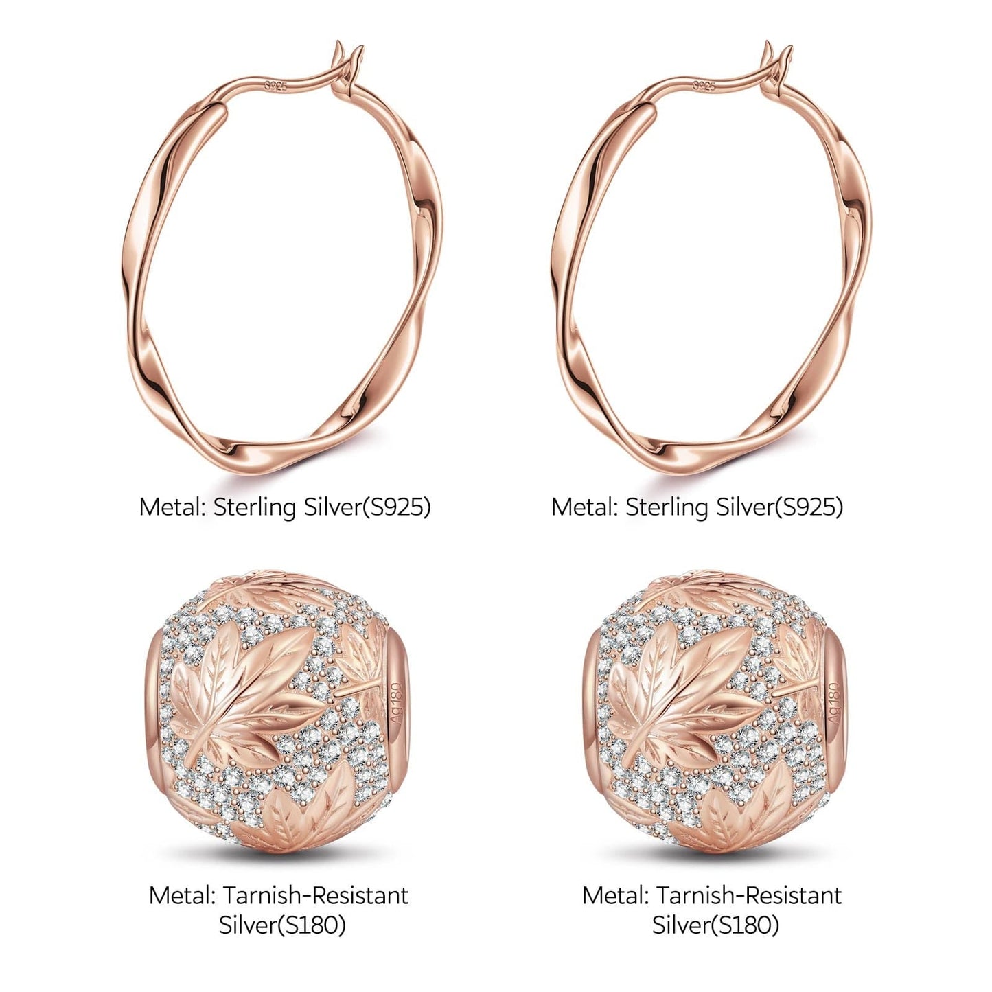 Maple Leaf Tarnish-resistant Silver Charms Earrings Set In Rose Gold Plated
