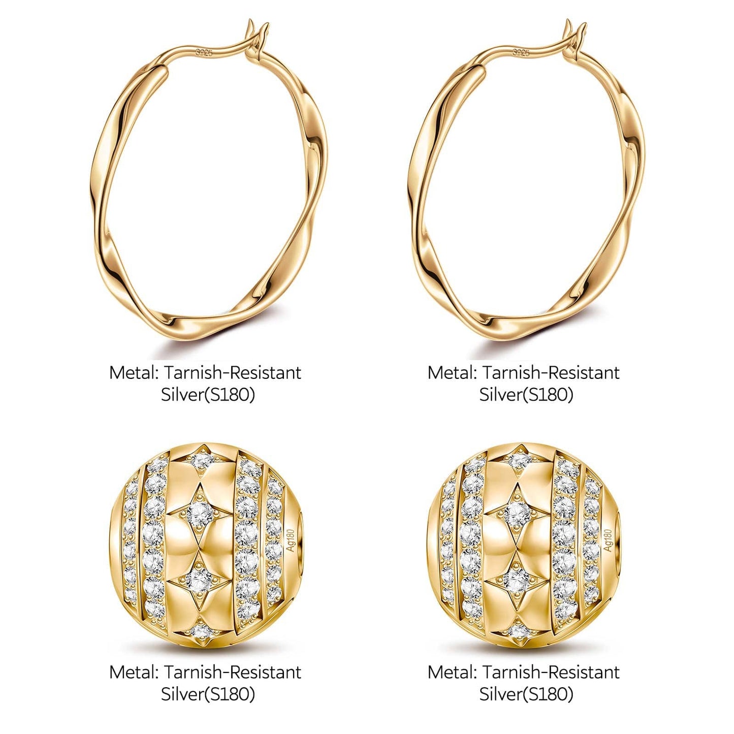 Starry Sky Love Tarnish-resistant Silver Charms Earrings Set M Size Classic Hoop Earrings with Sterling Silver Ear Post In 14K Gold Plated