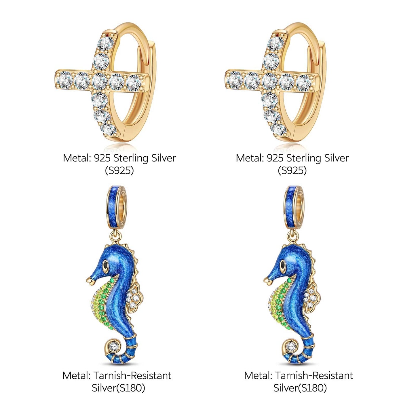 [💥As @katstyle42's Pick] Sterling Silver Blue Seahorse Hoop Earrings With Enamel In 14K Gold Plated