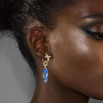 [💥As @katstyle42's Pick] Sterling Silver Blue Seahorse Hoop Earrings With Enamel In 14K Gold Plated