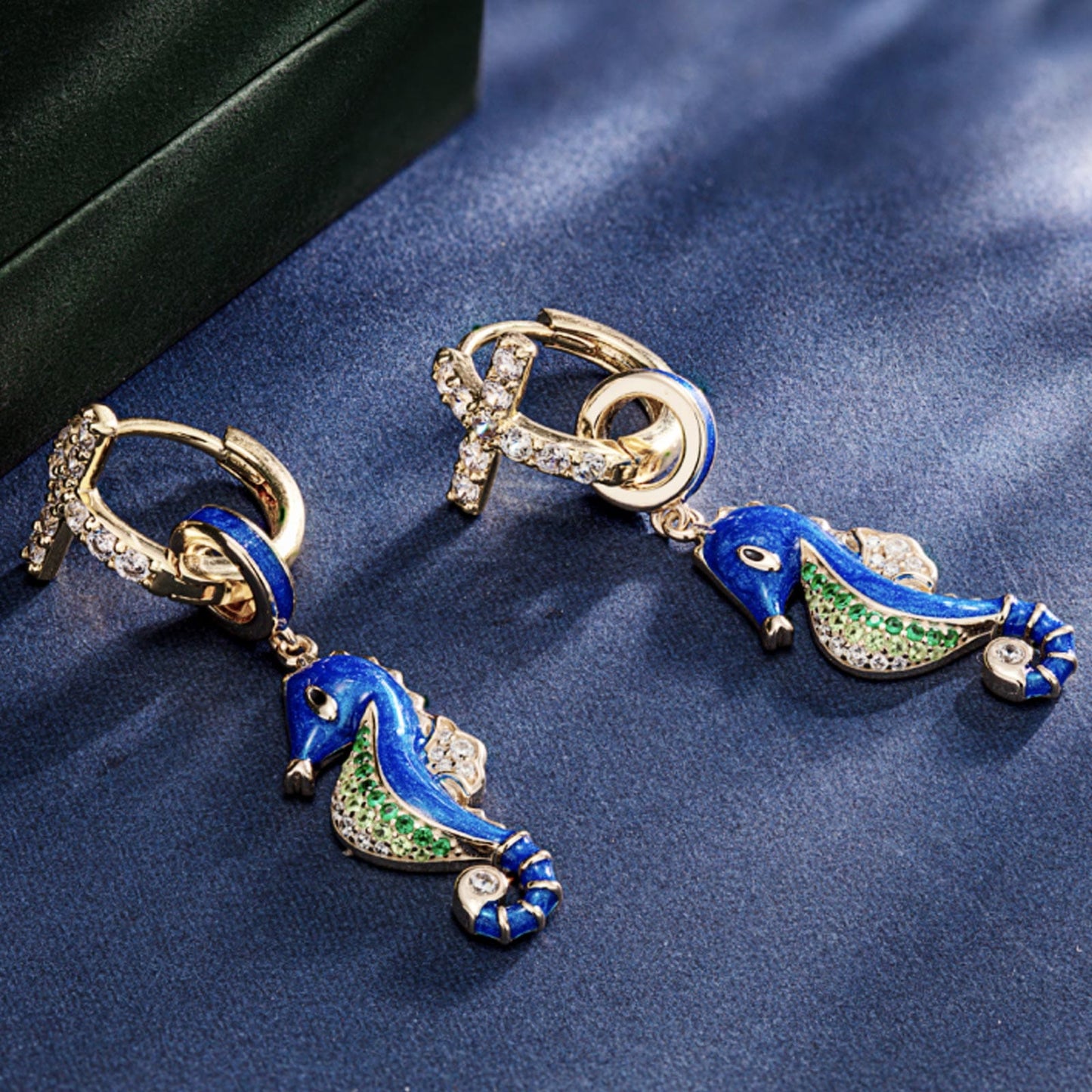 [💥As @katstyle42's Pick] Sterling Silver Blue Seahorse Hoop Earrings With Enamel In 14K Gold Plated