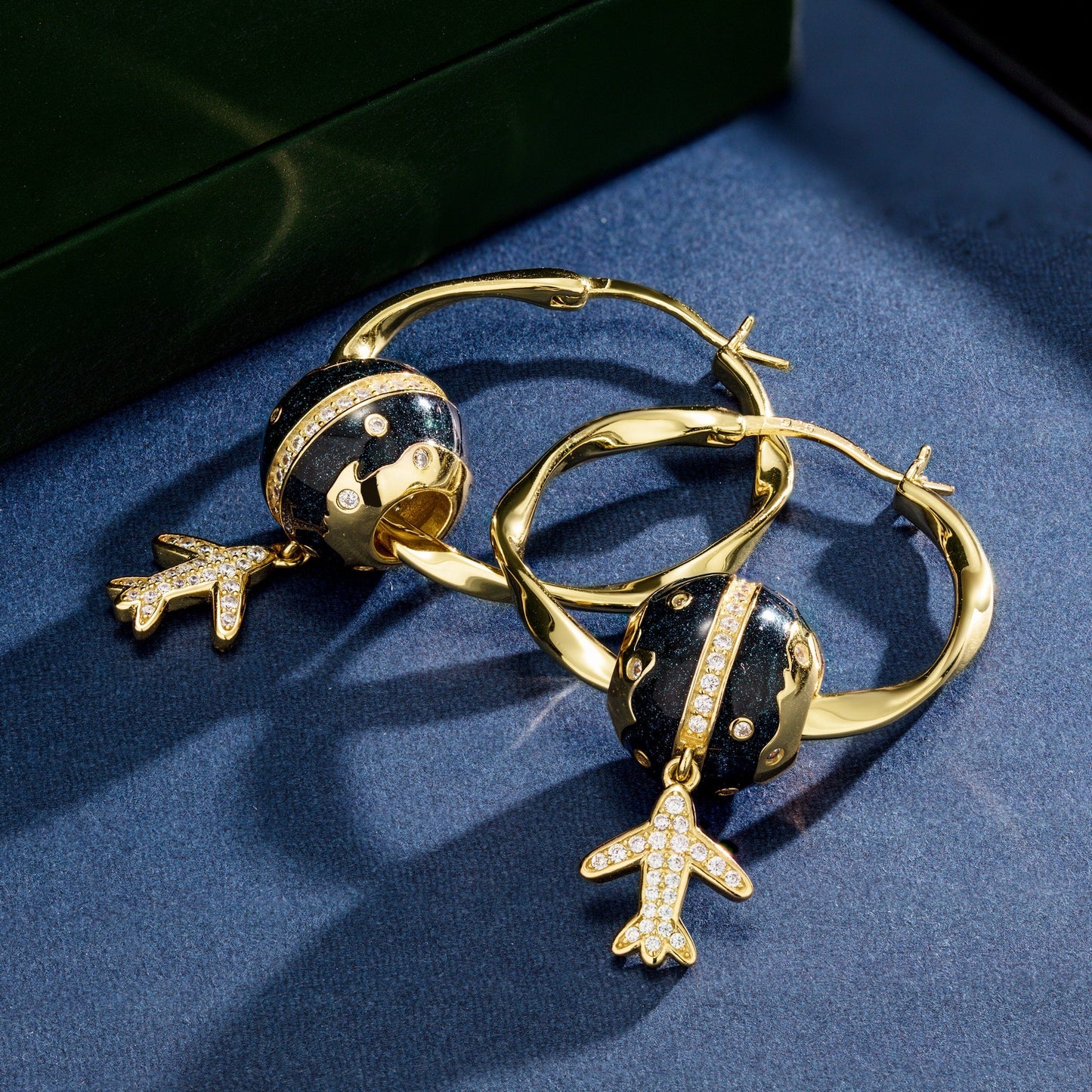 Flight Around The Equator Tarnish-resistant Silver Charms Earrings Set M Size Classic Hoop Earrings with Sterling Silver Ear Post With Enamel In 14K Gold Plated