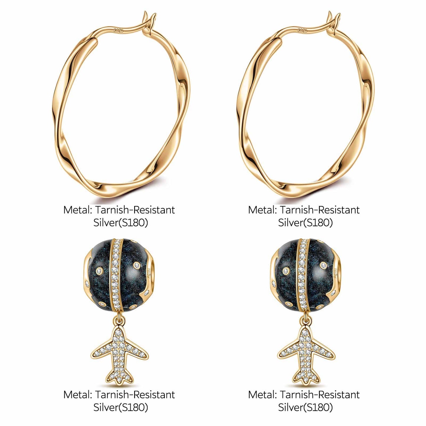 Flight Around The Equator Tarnish-resistant Silver Charms Earrings Set M Size Classic Hoop Earrings with Sterling Silver Ear Post With Enamel In 14K Gold Plated