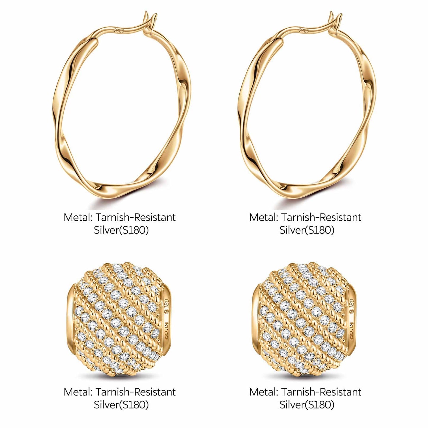 [💥As @teddilovesfashion's Pick] Golden Waves Tarnish-resistant Silver Charms Earrings Set M Size Classic Hoop Earrings with Sterling Silver Ear Post In 14K Gold Plated