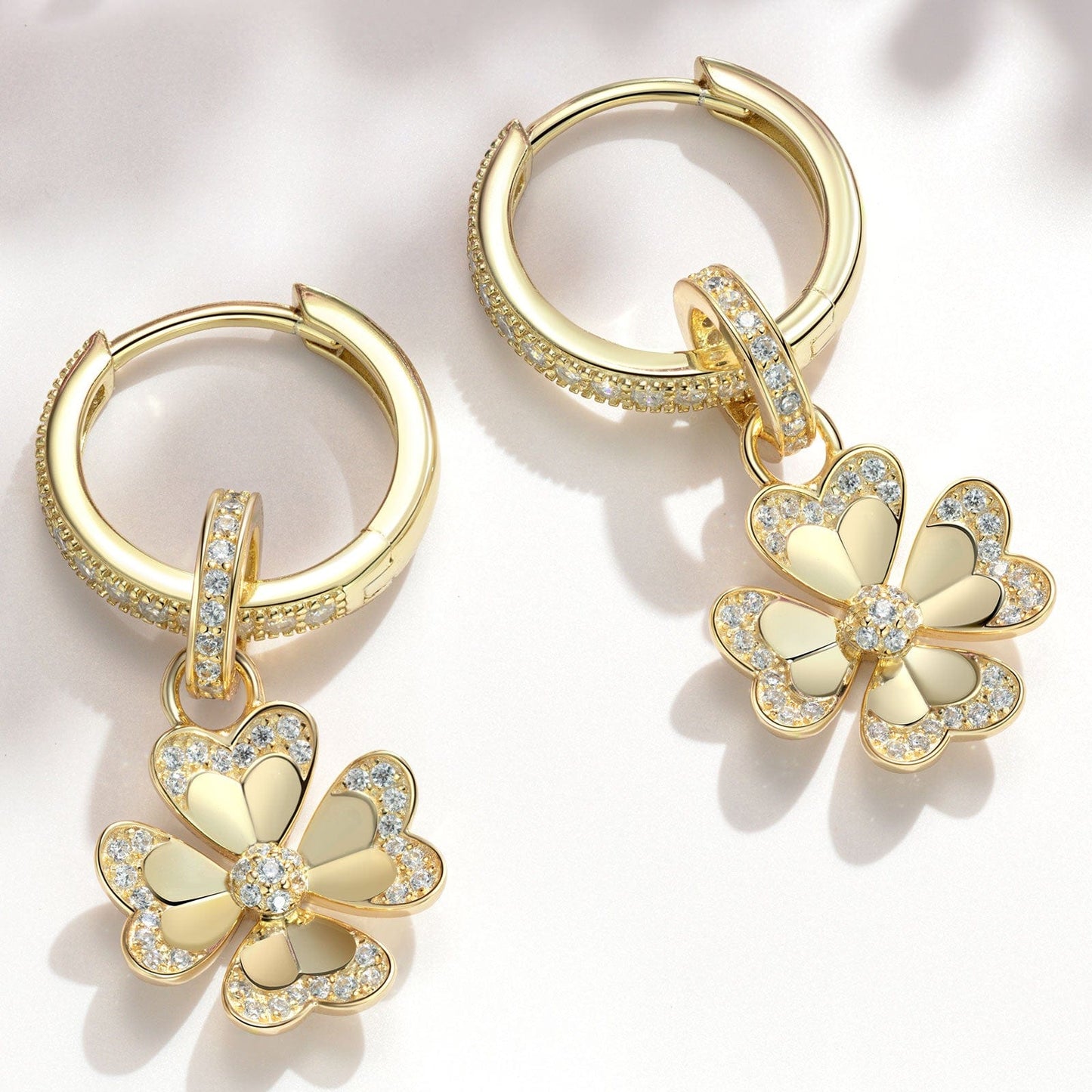 Sterling Silver Lucky Clover Hoop Earrings In 14K Gold Plated