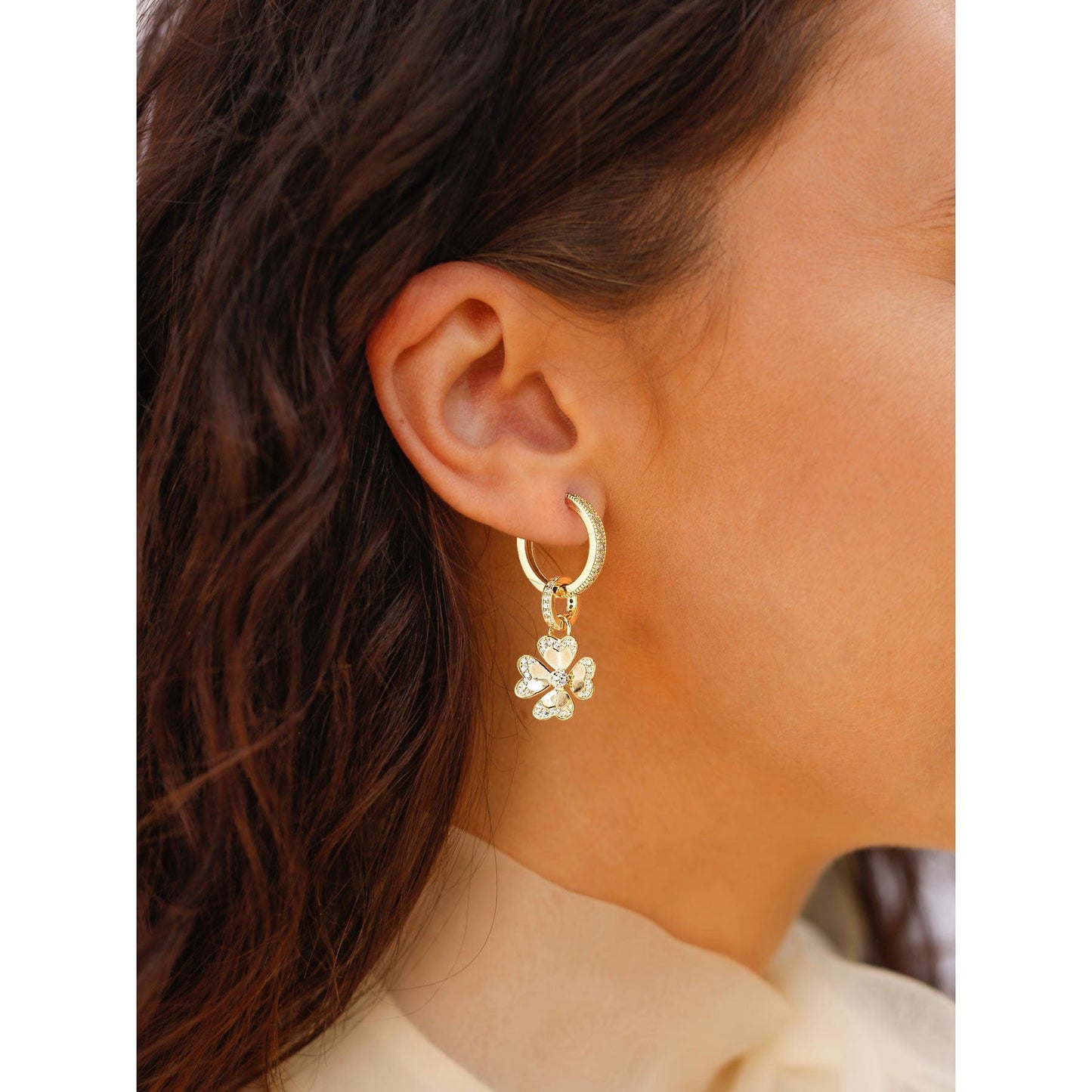Sterling Silver Lucky Clover Hoop Earrings In 14K Gold Plated