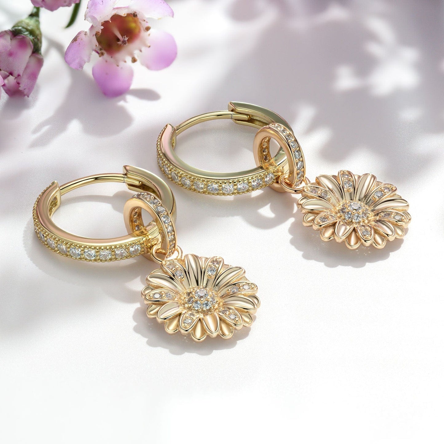 Sterling Silver Little Daisy Hoop Earrings In 14K Gold Plated